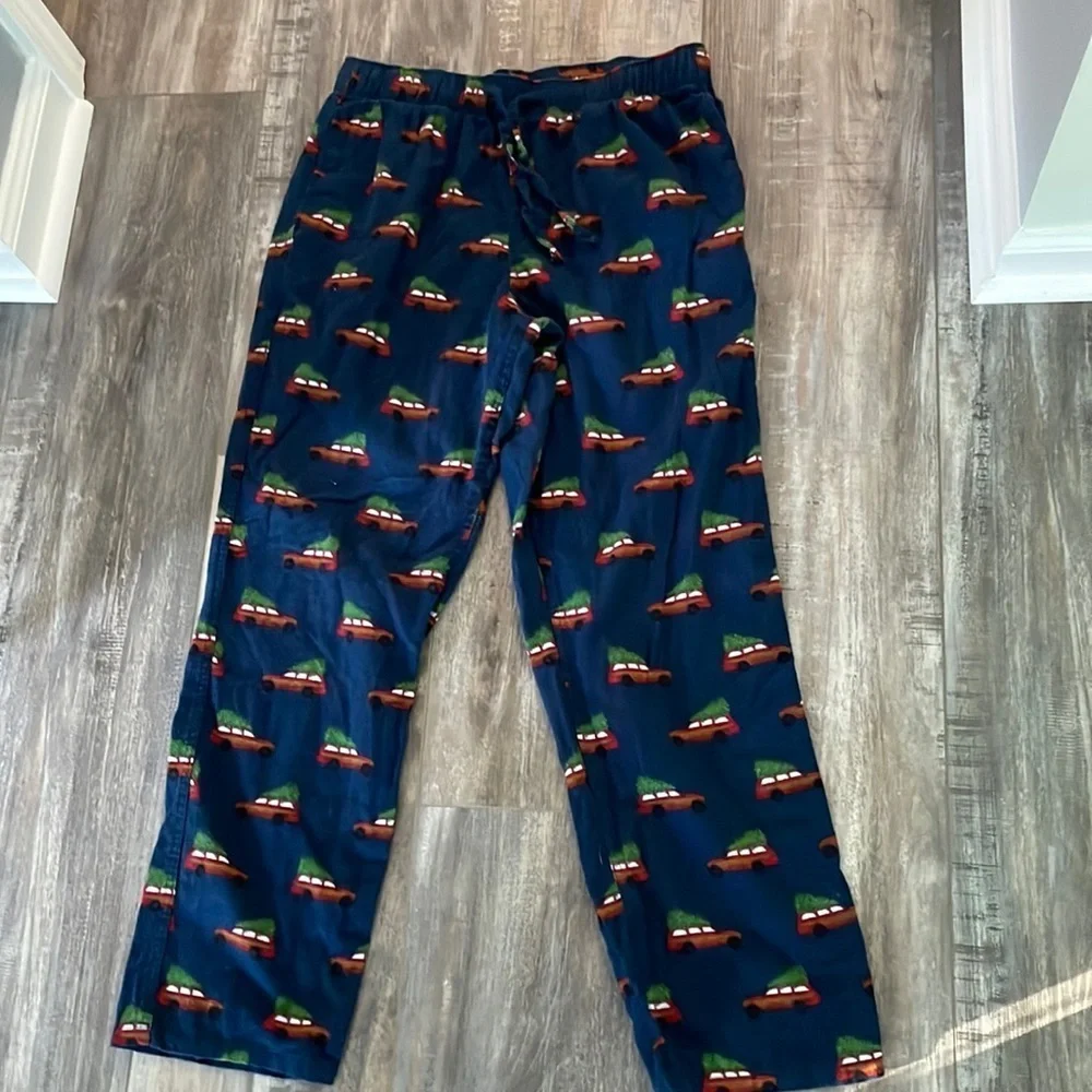 J. Crew Christmas pajama pants tree on wagon graphic